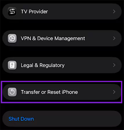 Locate Transfer or Reset iPhone option