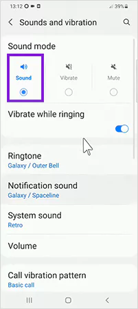 Select Sound not Vibrate or Mute