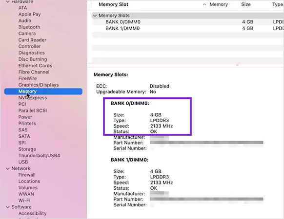 Check RAM type speed manufacturer part number and serial number