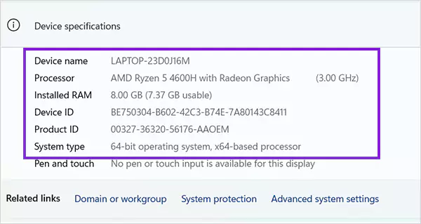 Check installed RAM processor and system type under Device Specifications
