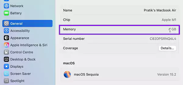 Click on About and check device memory