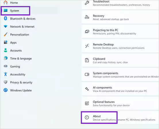 Click on System and scroll down to the About section