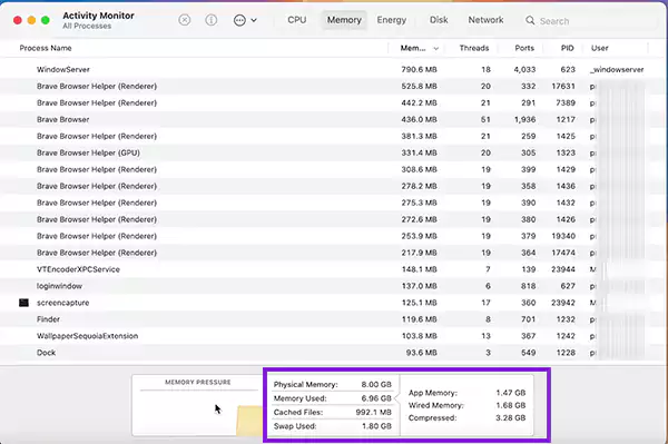 Click on the Memory tab and check used memory cached files and physical memory