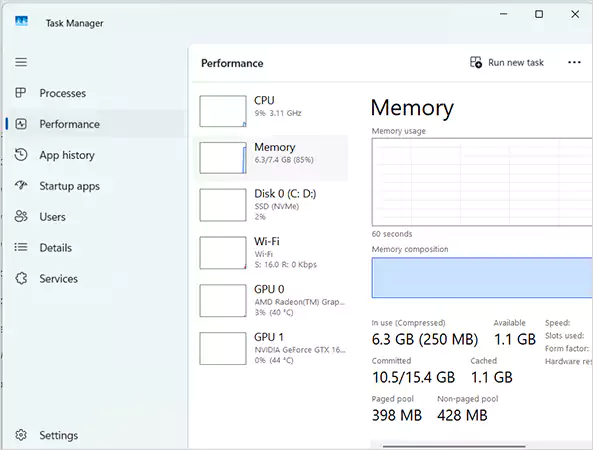 Click on the Performance tab and select Memory