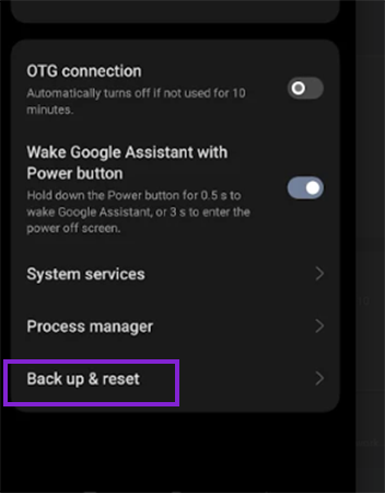 Navigate to back up and reset