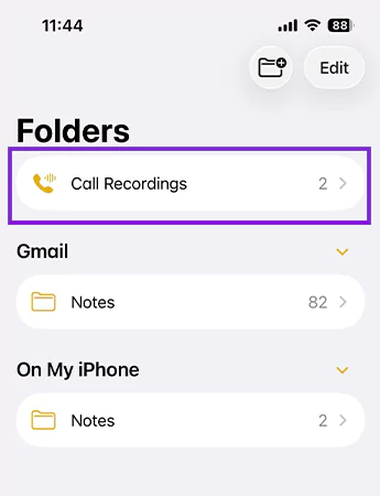Open the Notes application and tap on the Call Recordings