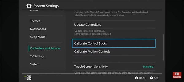 Select Calibrate Control Sticks