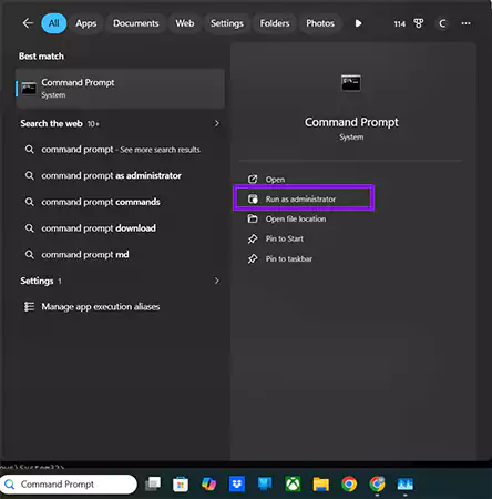 Type Command Prompt in the Search tool and Run as Administrator