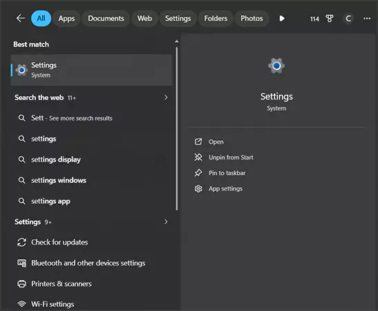 Type Settings in the Search box