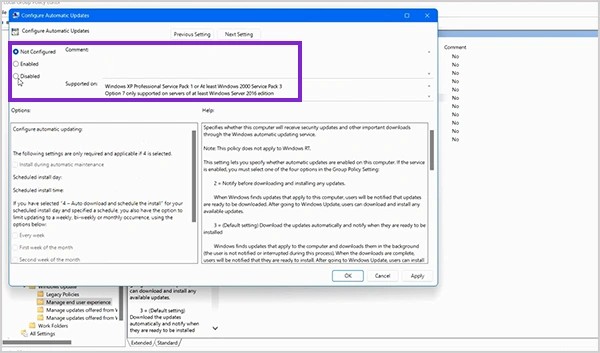 Disable Configure Automatic Updates in group policy editor