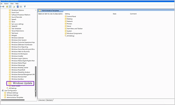 Windows update in policy editor