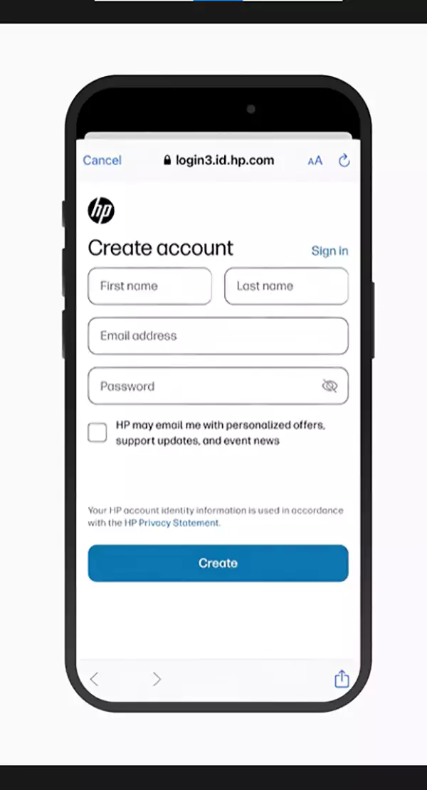 Create or sign in to your HP account by adding credentials