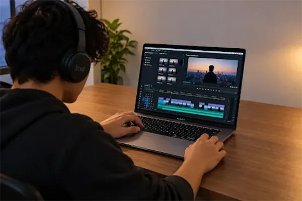 An editor editing a video on his laptop