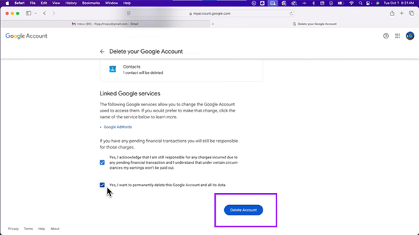 Click on Delete Account