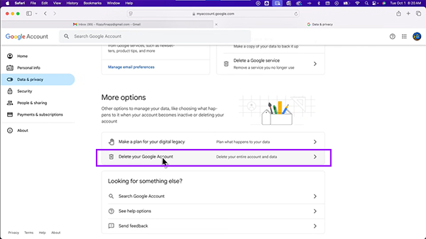 Select the Delete your Google Account option