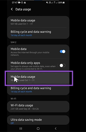 Tap on Mobile Data Usage
