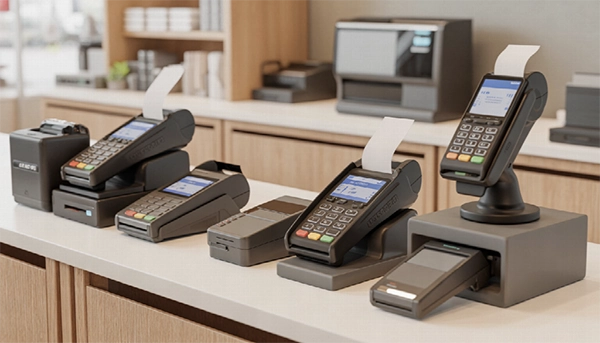 The image depicts a sleek and professional retail store setting with an array of payment processing equipment such as credit card terminals, PIN pads, and barcode scanners.