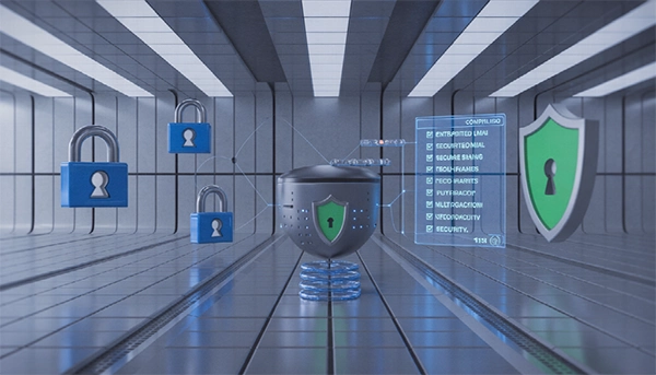 The image showcases a sleek, futuristic digital environment symbolizing