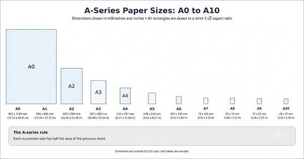 Chart comparing ISO A-series paper sizes from A0 to A10, with dimensions in millimeters and inches