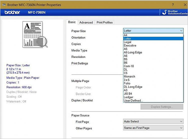  Paper Size drop-down in a Brother printer driver, showing options such as A4, Letter, Legal, and A5